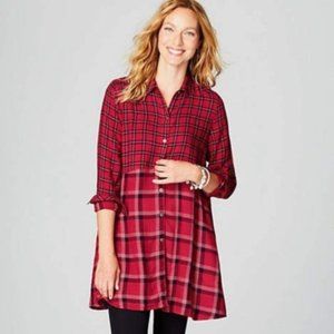 NWOT J.Jill Red Mixed-Plaid A-Line Long Sleeve Tunic Top XS